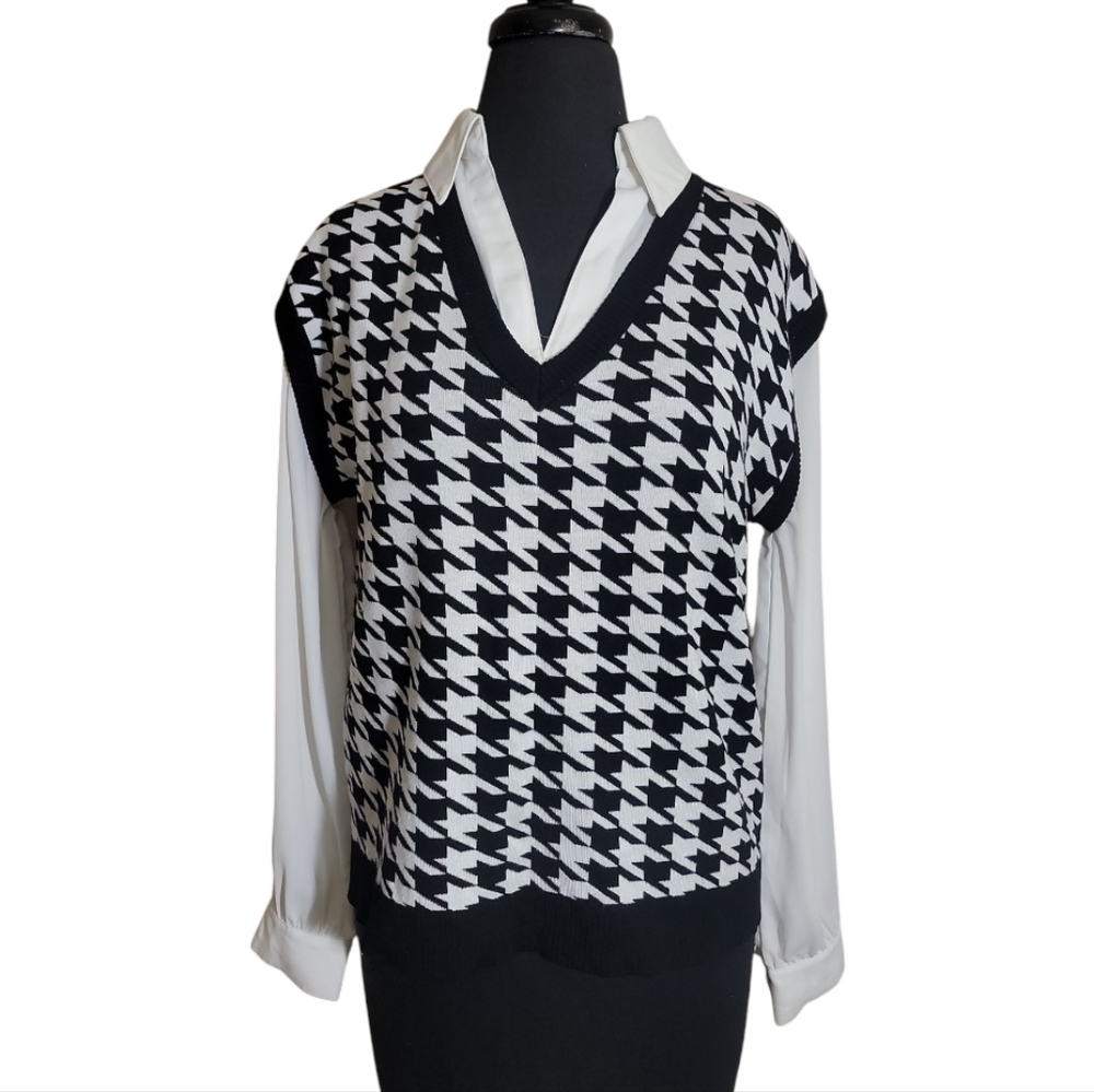 Adrianna Papell houndstooth twofer sweater top black white women's size Medium